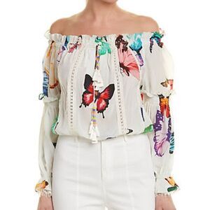 Rococo Sand Blossom Off the Shoulder Silk Top in Butterfly print, size XS
